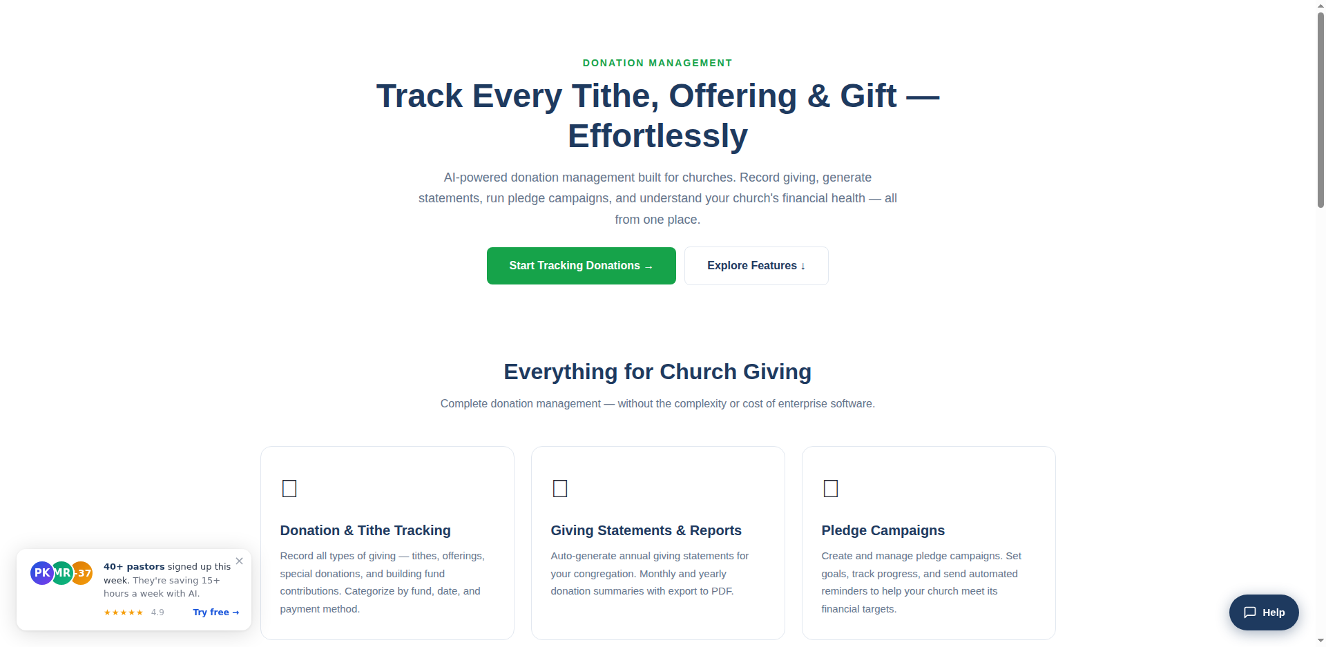 Donation Management Dashboard — ShepherdAI shows giving tracking, pledges, and reports in one view